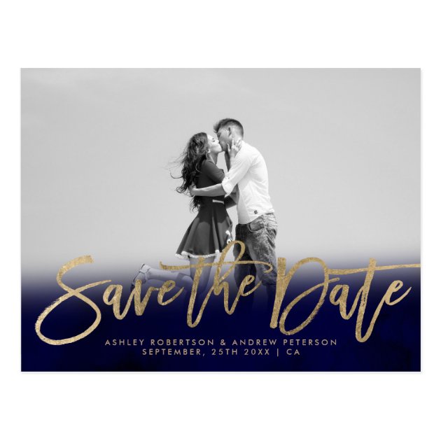 Save The Date Navy Blue Gold Faux Gold Photo Postcard