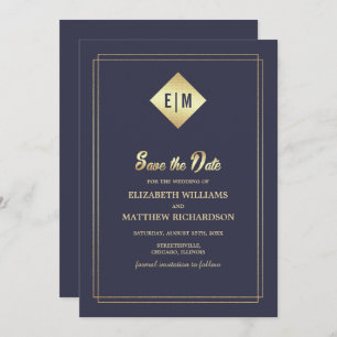 Save the Date. Navy Blue Gold Wedding Invitation