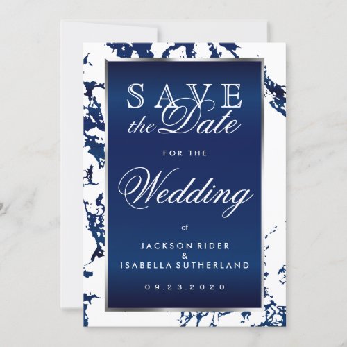 Save the Date Navy Blue Marble White  Silver