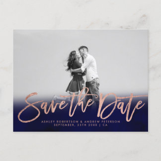 Save the Date navy blue rose gold photo Announcement Postcard