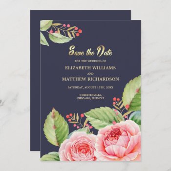 Save The Date. Navy Blue Watercolor Floral  Invitation by YourWeddingDay at Zazzle