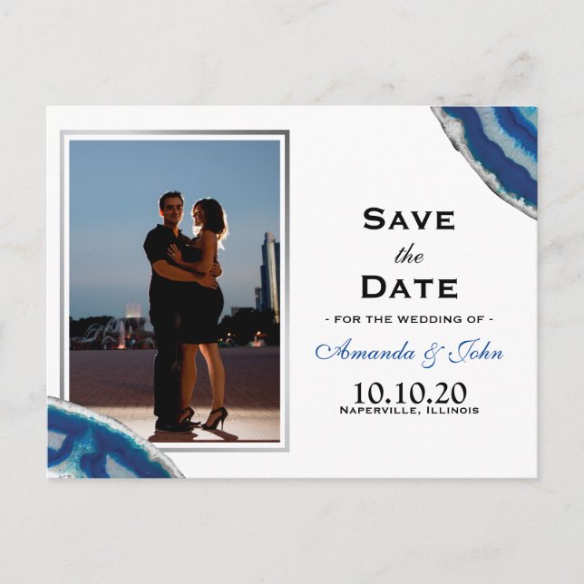Save the Date | Navy Blue Wedding Silver Agate Announcement Postcard (Front)