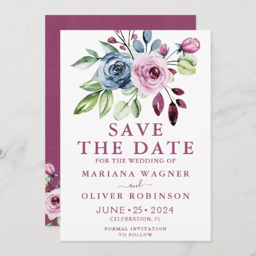 Save the Date Navy Blue Wine Watercolor Floral Invitation