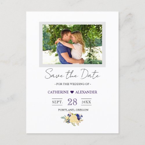 Save the Date _ Navy Blue Yellow Floral Photo Postcard