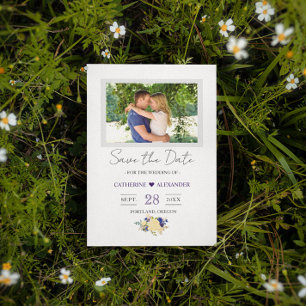 Save the Date - Navy Blue Yellow Floral Photo Postcard