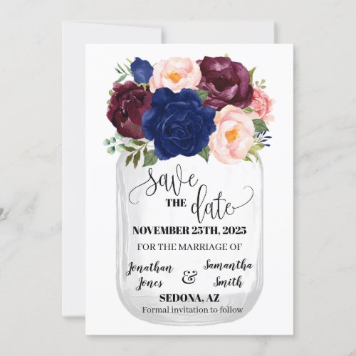 Save the Date Navy burgundy floral boho wedding Invitation