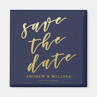 Save the date | Navy & Faux Gold Script Magnet