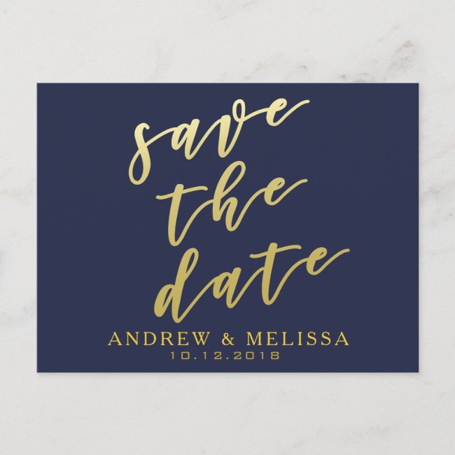 Save the date | Navy & Faux Gold Script Postcard