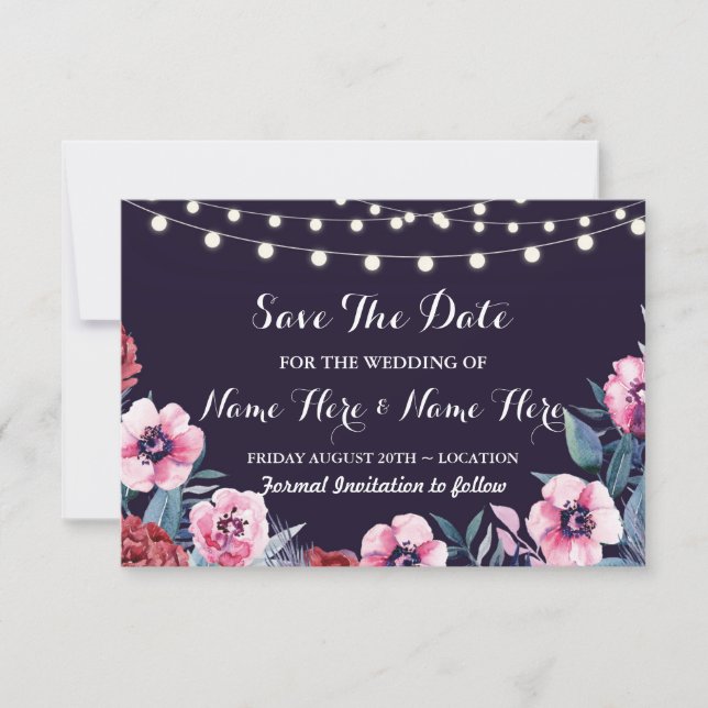 Save The Date Navy Pink Burgundy Flowers Invite (Front)