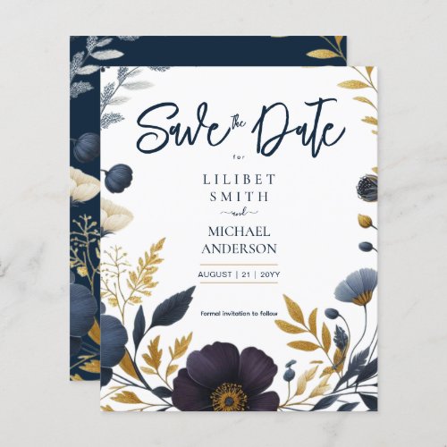 Save the Date Navy Yellow Gold Floral Elegant