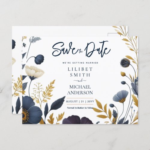 Save the Date Navy Yellow Gold Floral Elegant Postcard