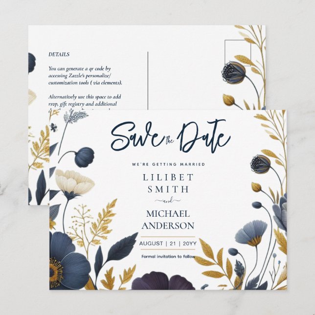 Save the Date Navy Yellow Gold Floral Elegant Postcard (Front/Back)
