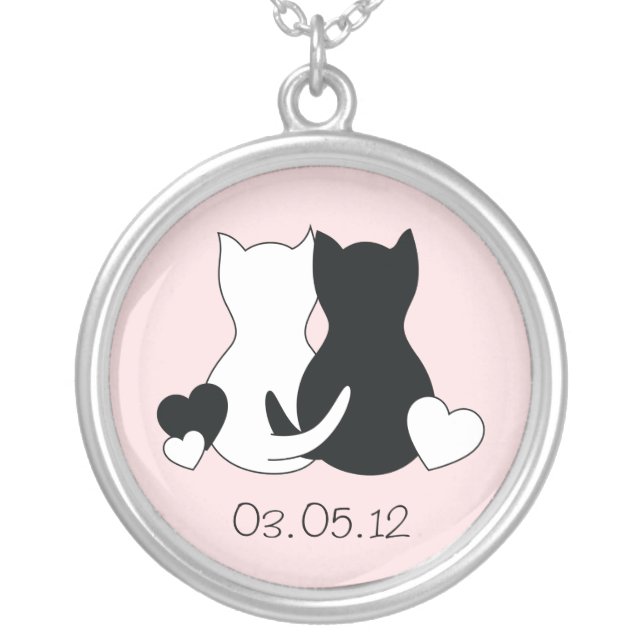 Save the date  necklace, cat, kitten, pink heart. silver plated necklace (Front)