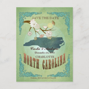 Save The Date- North Carolina Map With Lovely Bird Announcement Postcard