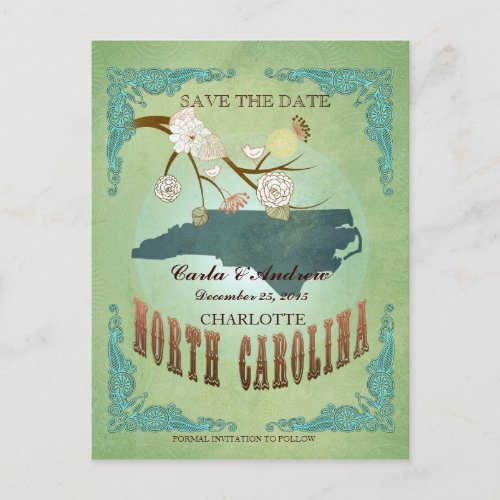 Save The Date_ North Carolina Map With Lovely Bird Announcement Postcard