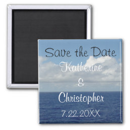 Save the Date Ocean Waves Fluffy Clouds Square Magnet