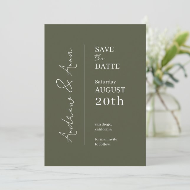 Save the Date Olive Green Card - Charming (Standing Front)
