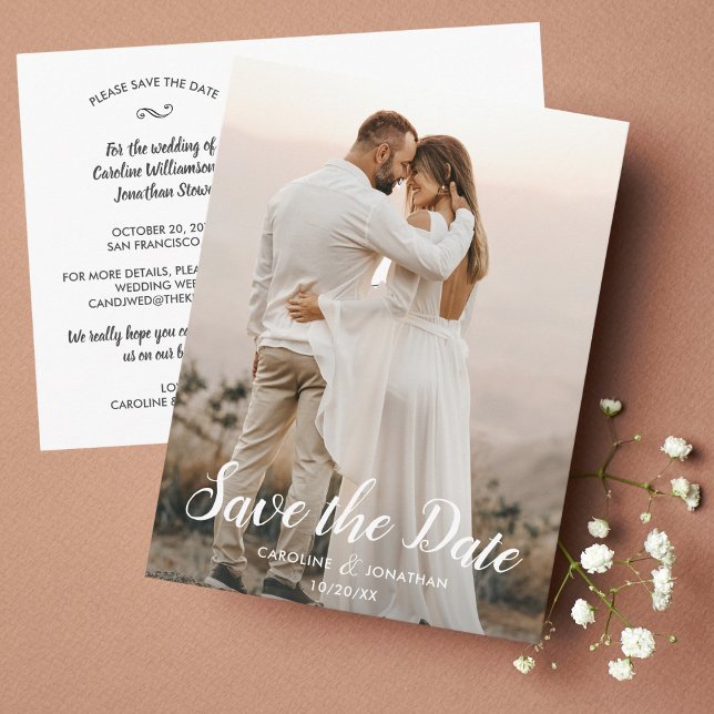 Save the Date One Large Photo Pretty Text Overlay Postcard (Creator Uploaded)