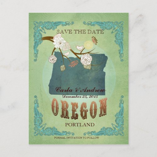 Save The Date _ Oregon Map With Lovely Birds Announcement Postcard