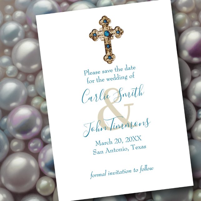 Save the Date Ornate Jeweled Gold Cross Blue (Creator Uploaded)