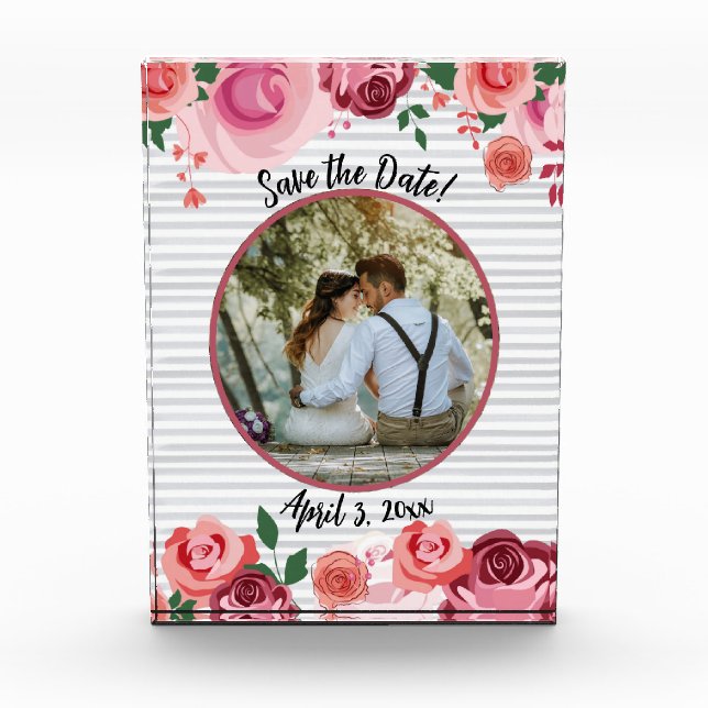 Save the Date Painterly Roses Red Pink & Peach Photo Block (Front)