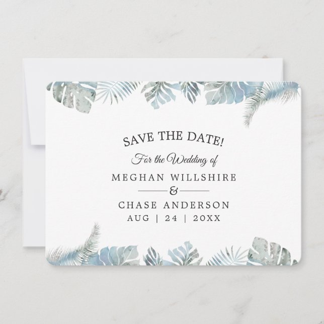 Save the Date Pale Dusty Blue Tropical Watercolor (Front)