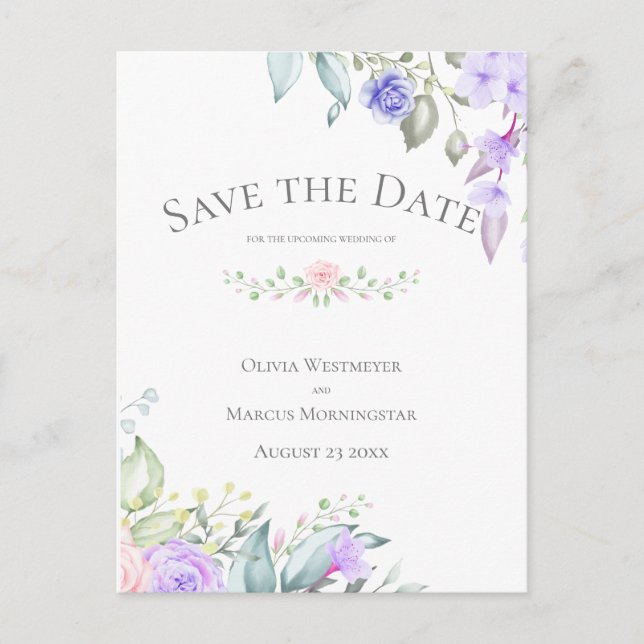 Save the Date Pale Lilac and Pink Flowers Postcard (Front)