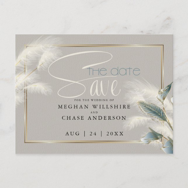 Save the Date Pampas Grass Teal Anthurium Postcard (Front)