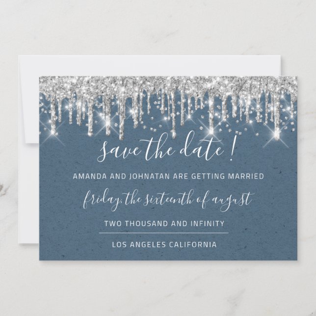 Save The Date Paper Kraft Silver Gray Drip Blue (Front)
