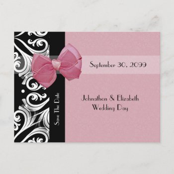 Save The Date Parisian Wedding Pink Ribbon Announcement Postcard by PhotographyTKDesigns at Zazzle