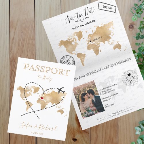 Save the Date Passport Gold World Map Invitation
