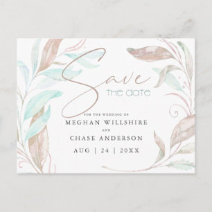SAVE THE DATE Pastel Coral Aqua Leaves Postcard
