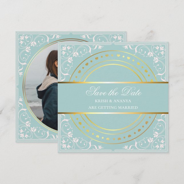 Save the date, Pastel Green and Gold Wedding Invitation (Front/Back)