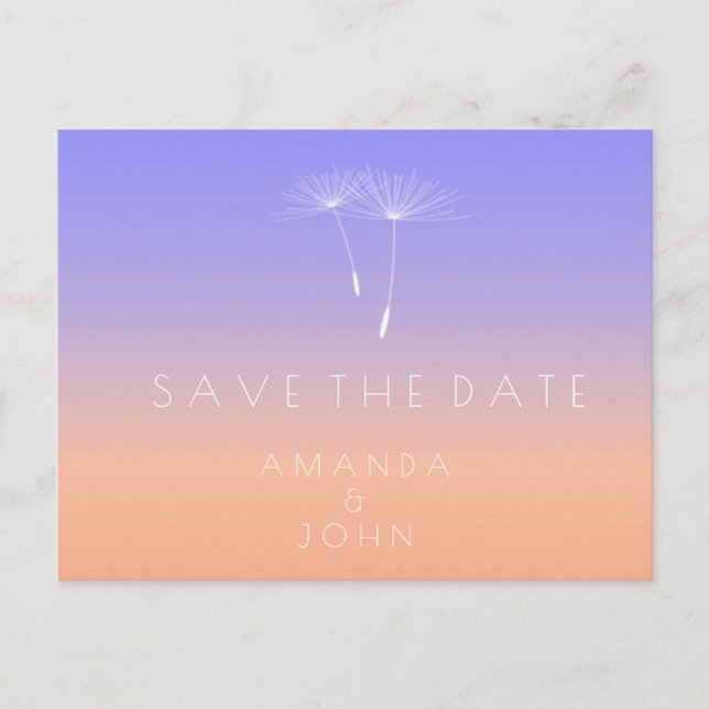 Save The Date Peach Lavender Blue Dandelion Ombre Announcement Postcard (Front)