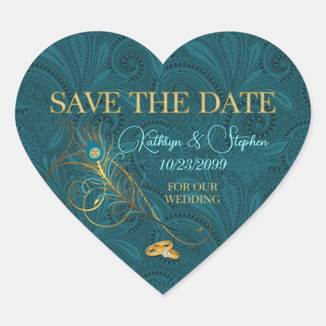 Save the Date Peacock Wedding Heart Sticker (Front)