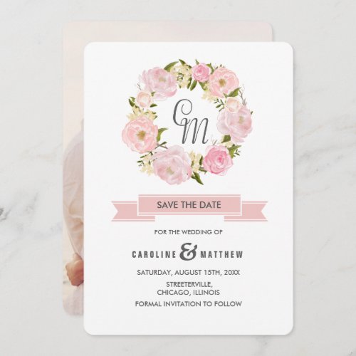 Save the Date Peony Wreath Wedding Photo Card