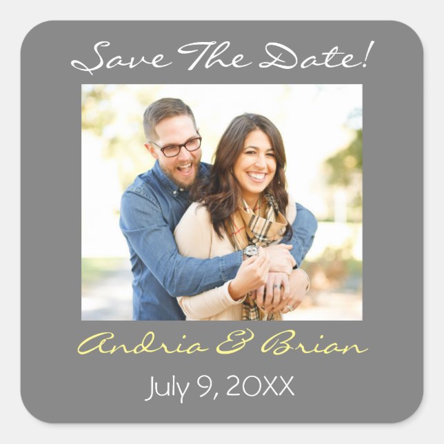 Save The Date/ Personalize Photo/Grey White Yellow Square Sticker (Front)