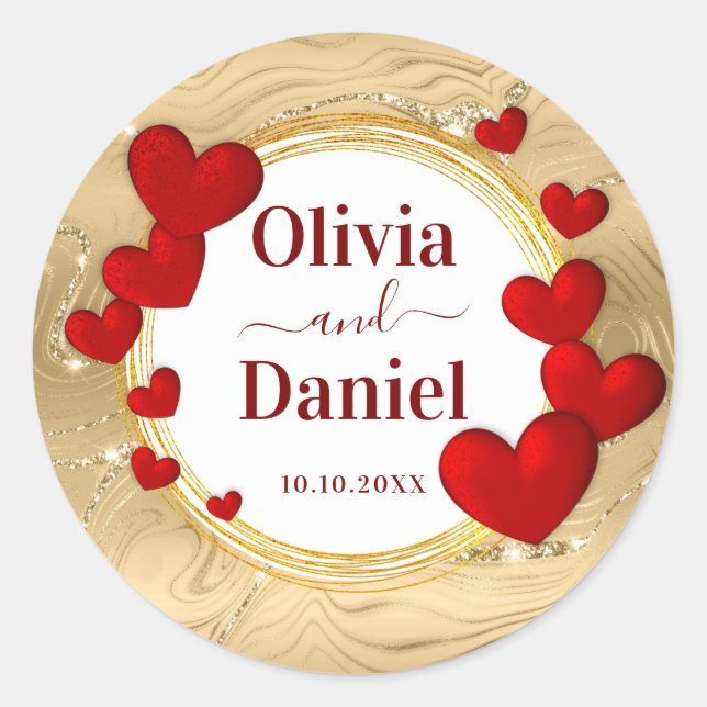 Save the Date, Personalized Wedding Red Hearts  Classic Round Sticker (Front)