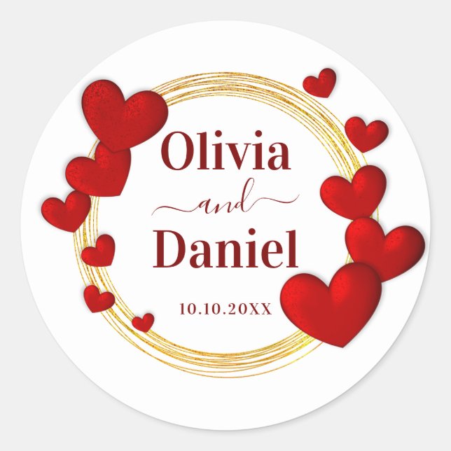 Save the Date, Personalized Wedding Red Hearts  Classic Round Sticker (Front)