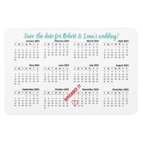 Save the Date Personalized Yearly 2021 Calendar Magnet