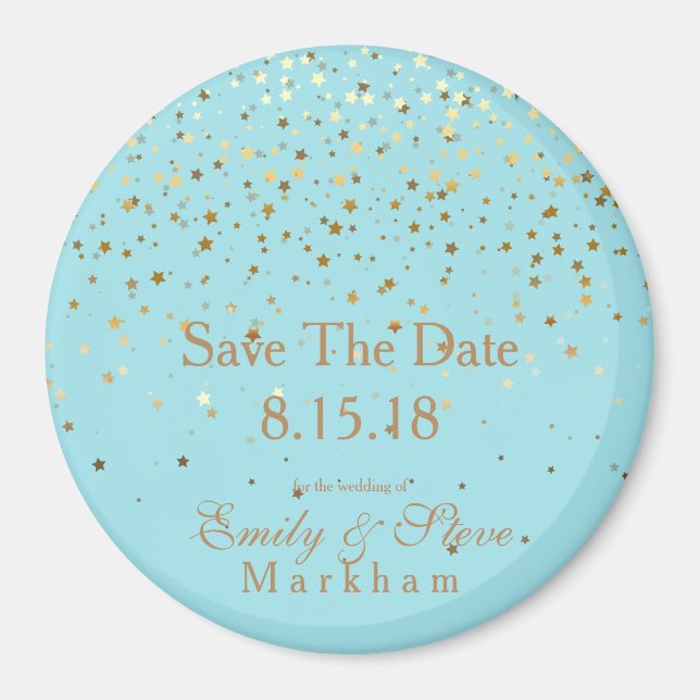 Save The Date Petite Golden Stars Magnet-Aqua Magnet (Front)