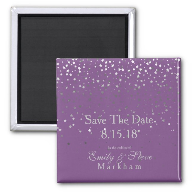 Save The Date Petite Silver Stars Magnet-Purple Magnet (Front)