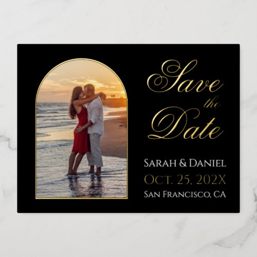 Save the Date Photo Arch Black Gold Elegant Script Foil Invitation Postcard
