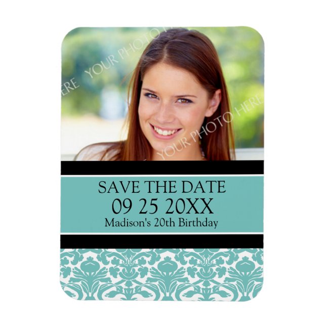 Save the Date Photo Birthday Magnet Aqua Damask (Vertical)