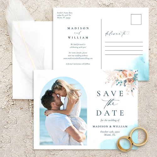 Save The Date Photo Blue Beach Floral Watercolor  Postcard