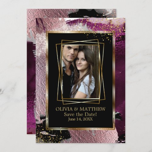 Save the Date  Photo Bold Black Cassis Abstract Invitation