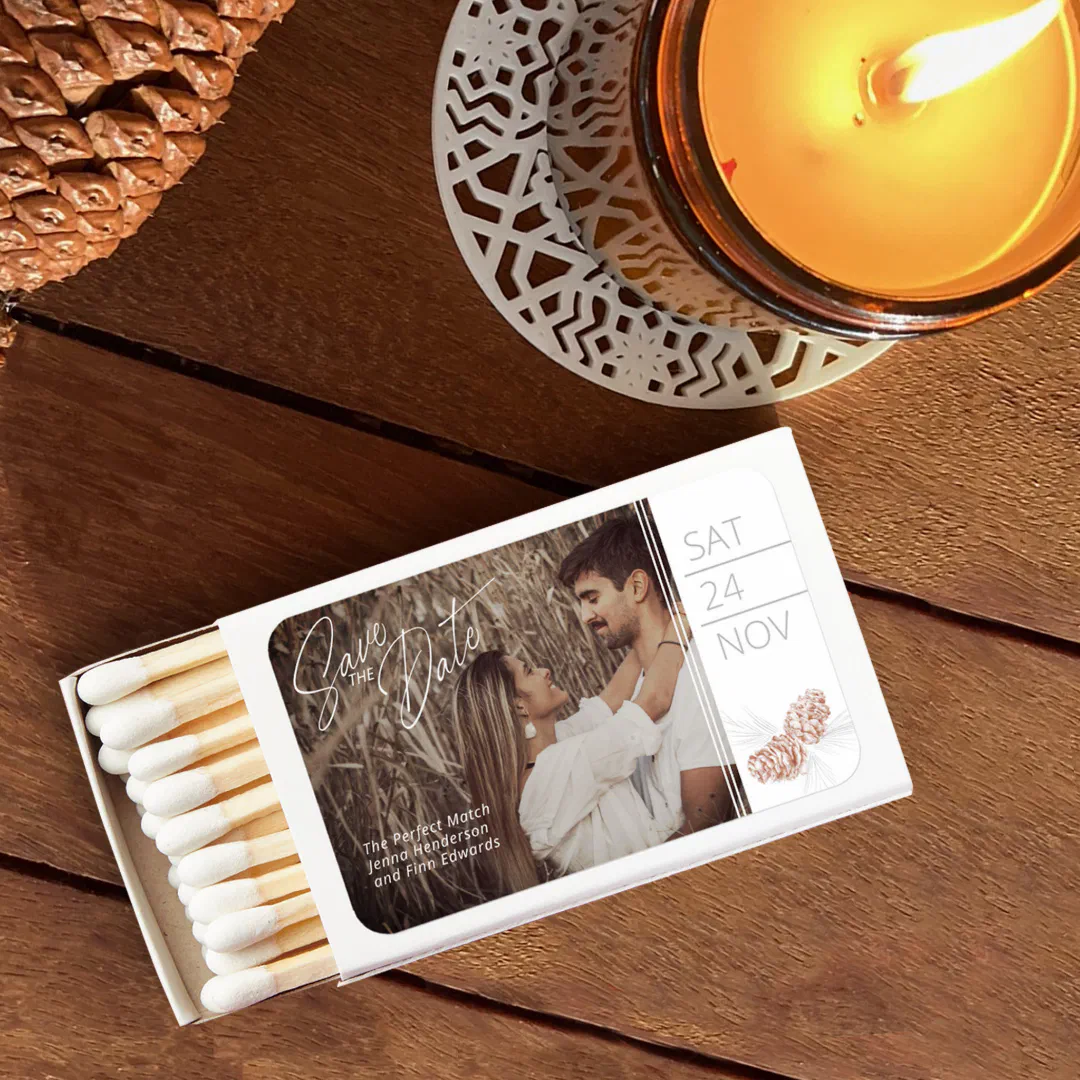 Save the date photo brown pine cone art matchboxes
