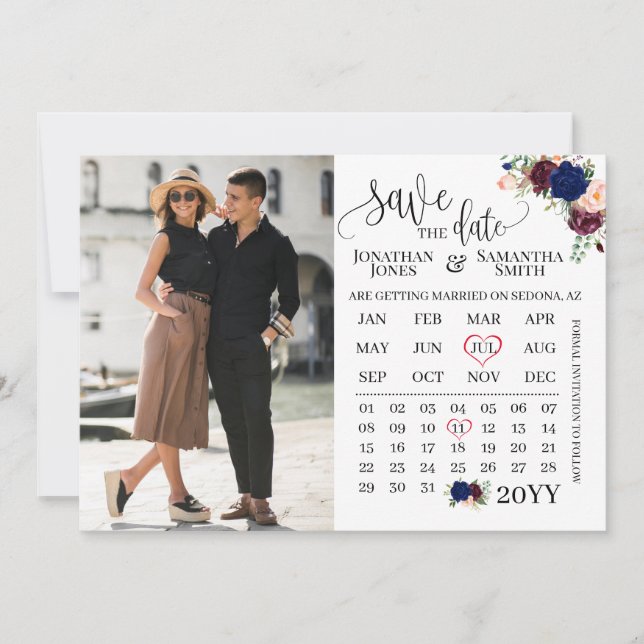Save the date Photo calendar navy burgundy wedding Invitation (Front)
