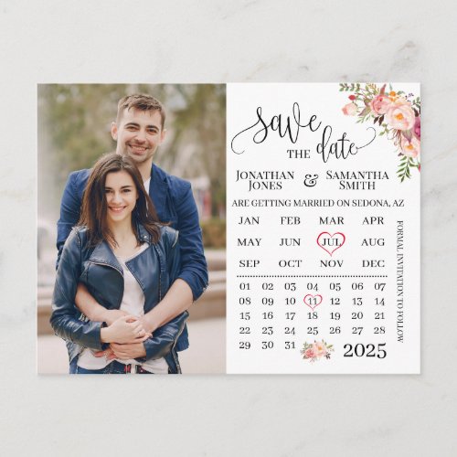 Save the Date Photo calendar Pink floral wedding Postcard