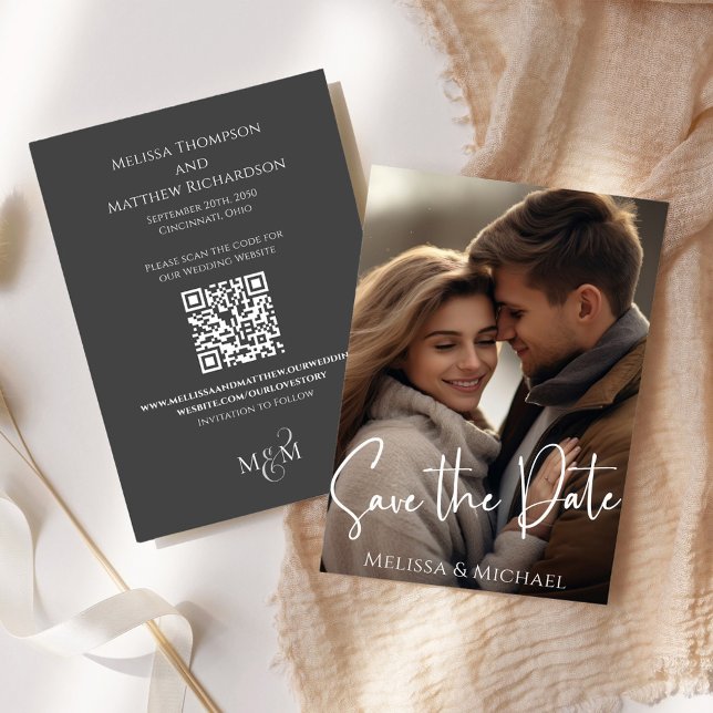 Save the Date Photo Calligraphy Script Elegant (Elegant Wedding Save the Date photo card with scannable QR Code. )